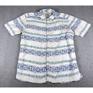 Quiksilver Waterman Collection Hawaiian Shirt Men L Wht Blue Tribal Comfort Fit